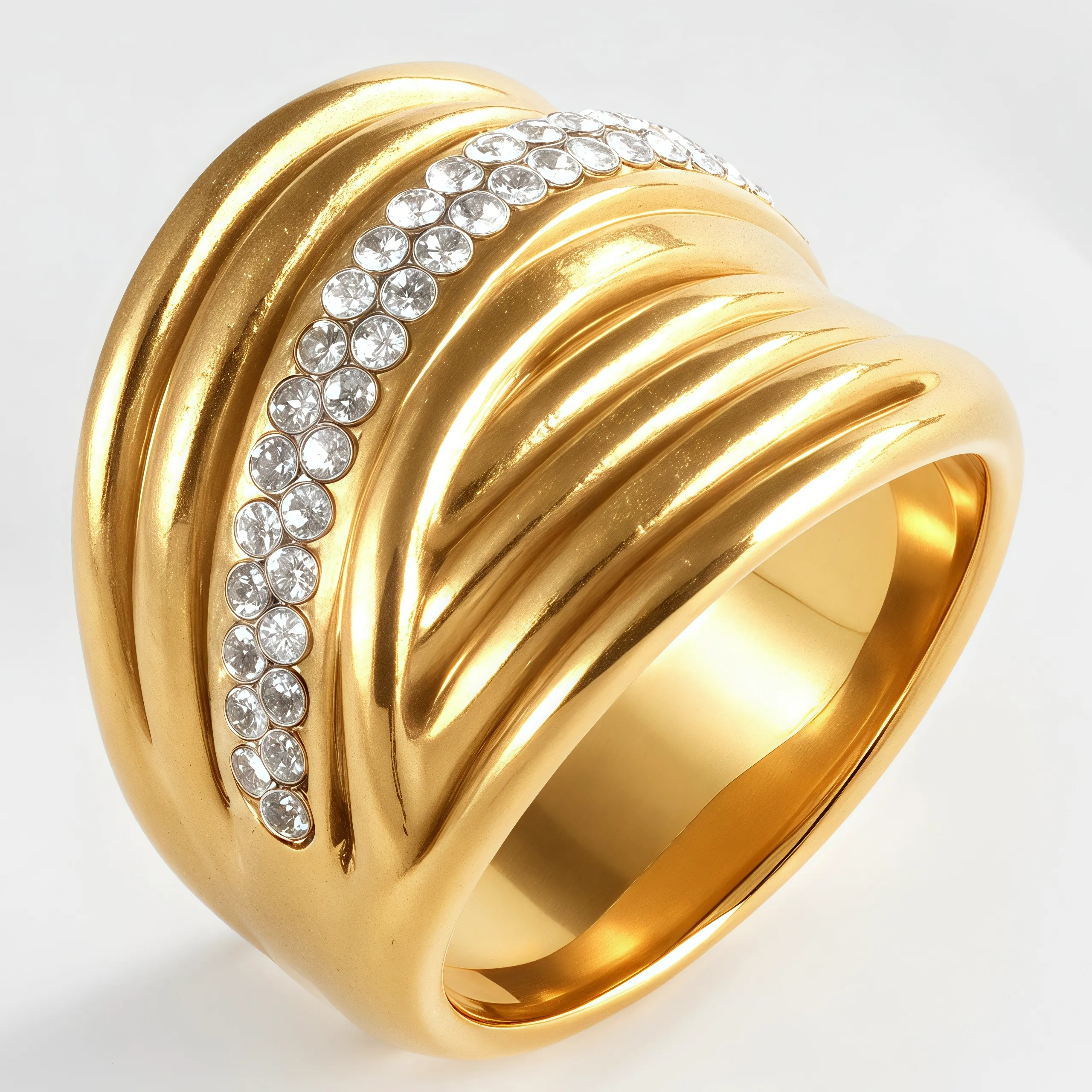 Wavy Design Diamond Inlay Ring Women's Fashion Gold Stainless Steel Band | G003860-JinBaoJewerly