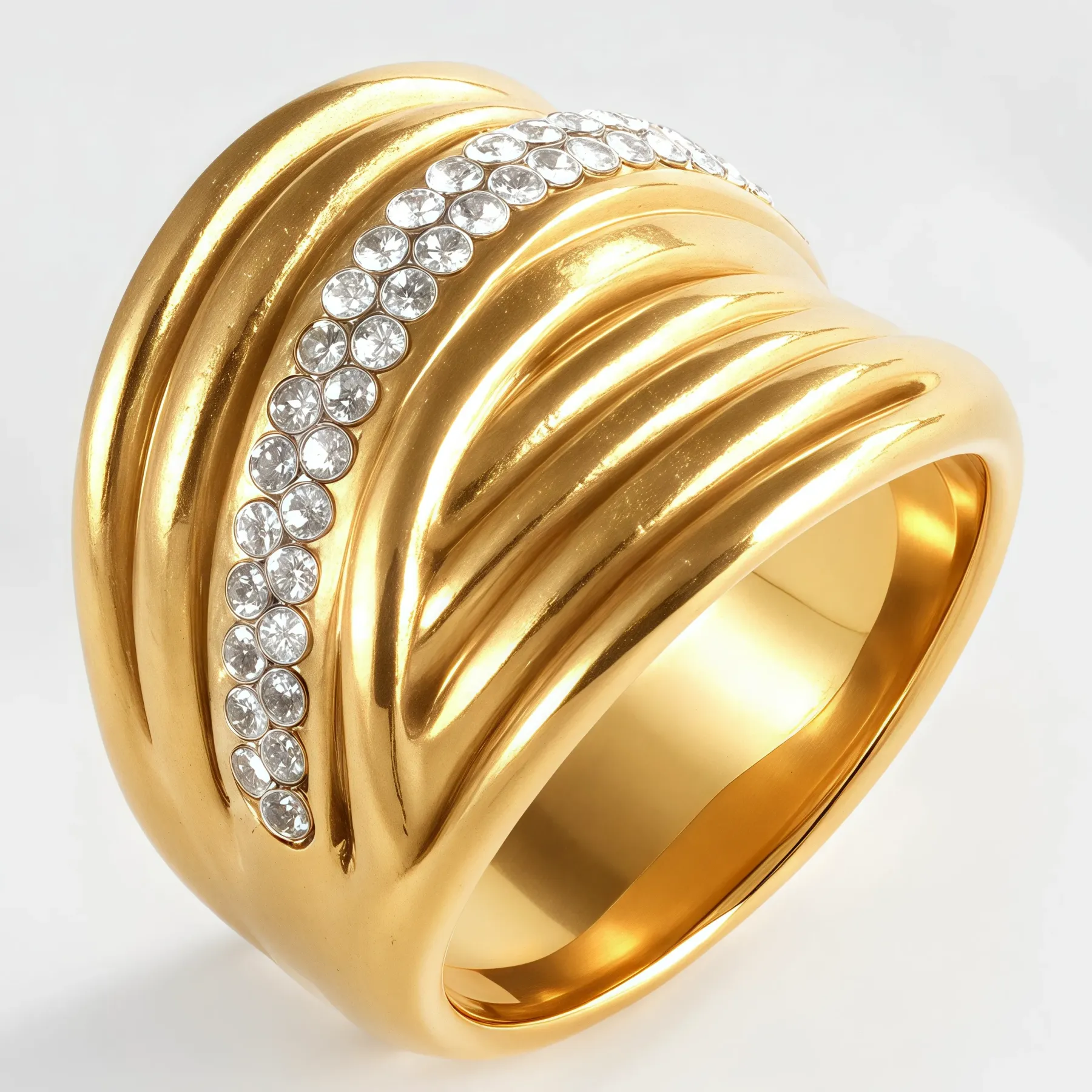 Wavy Design Diamond Inlay Ring Women's Fashion Gold Stainless Steel Band | G003860-JinBaoJewerly