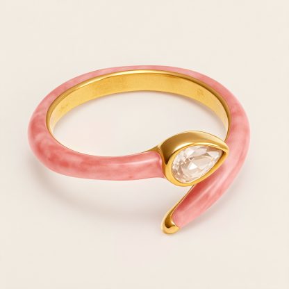 Sweet - Style Pink Enamel Diamond - Set Stainless Steel Ring - Trendy Women's Jewelry | N001629JL-JinBaoJewerly