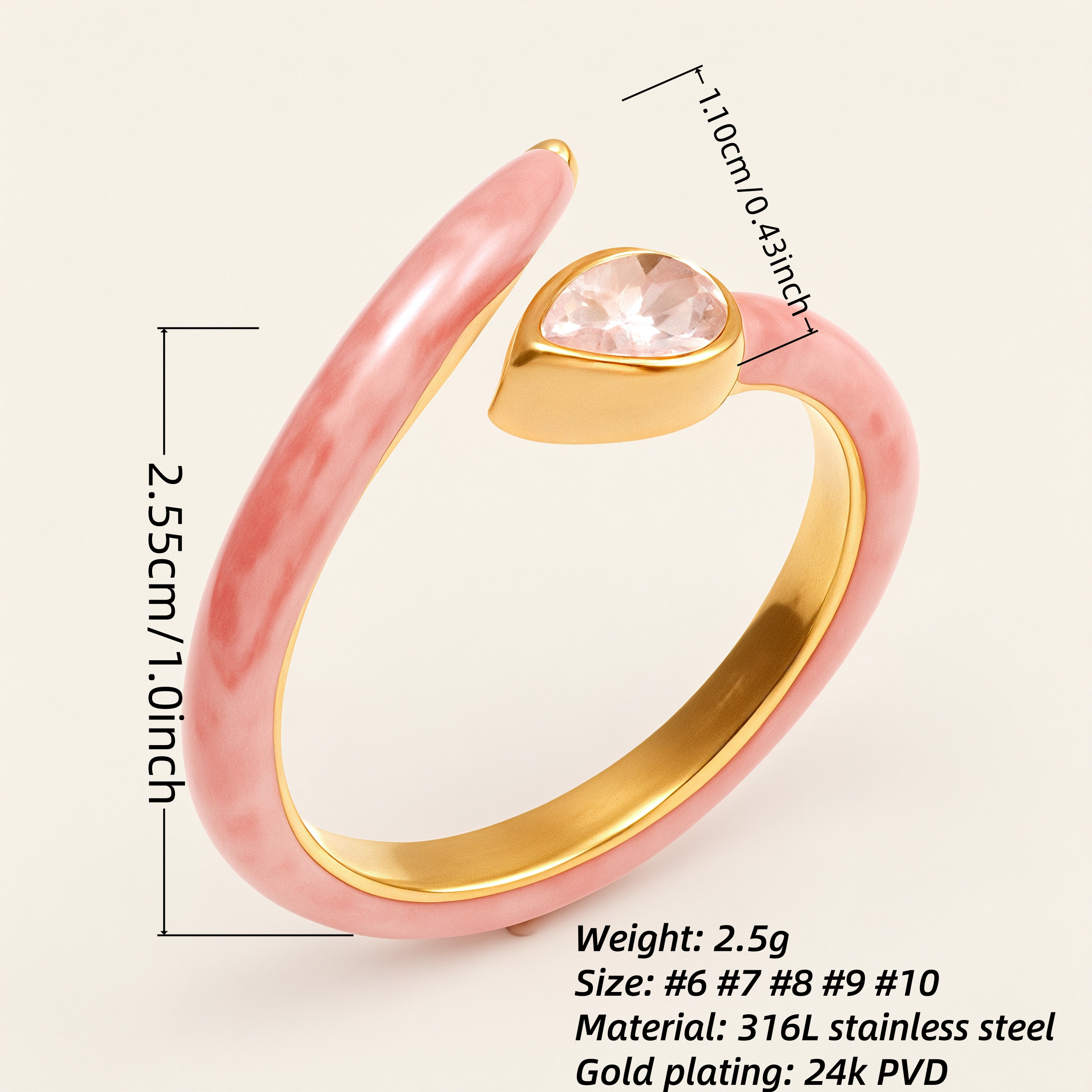 Sweet - Style Pink Enamel Diamond - Set Stainless Steel Ring - Trendy Women's Jewelry | N001629JL-JinBaoJewerly