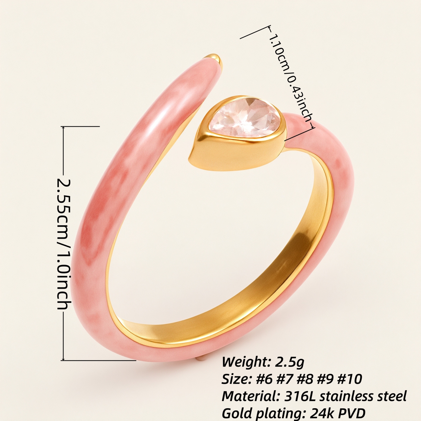 Sweet - Style Pink Enamel Diamond - Set Stainless Steel Ring - Trendy Women's Jewelry | N001629JL-JinBaoJewerly