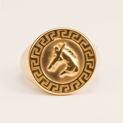 Vintage Horse Head Stainless Steel Greek Key Pattern Men's Ring | DZ1678