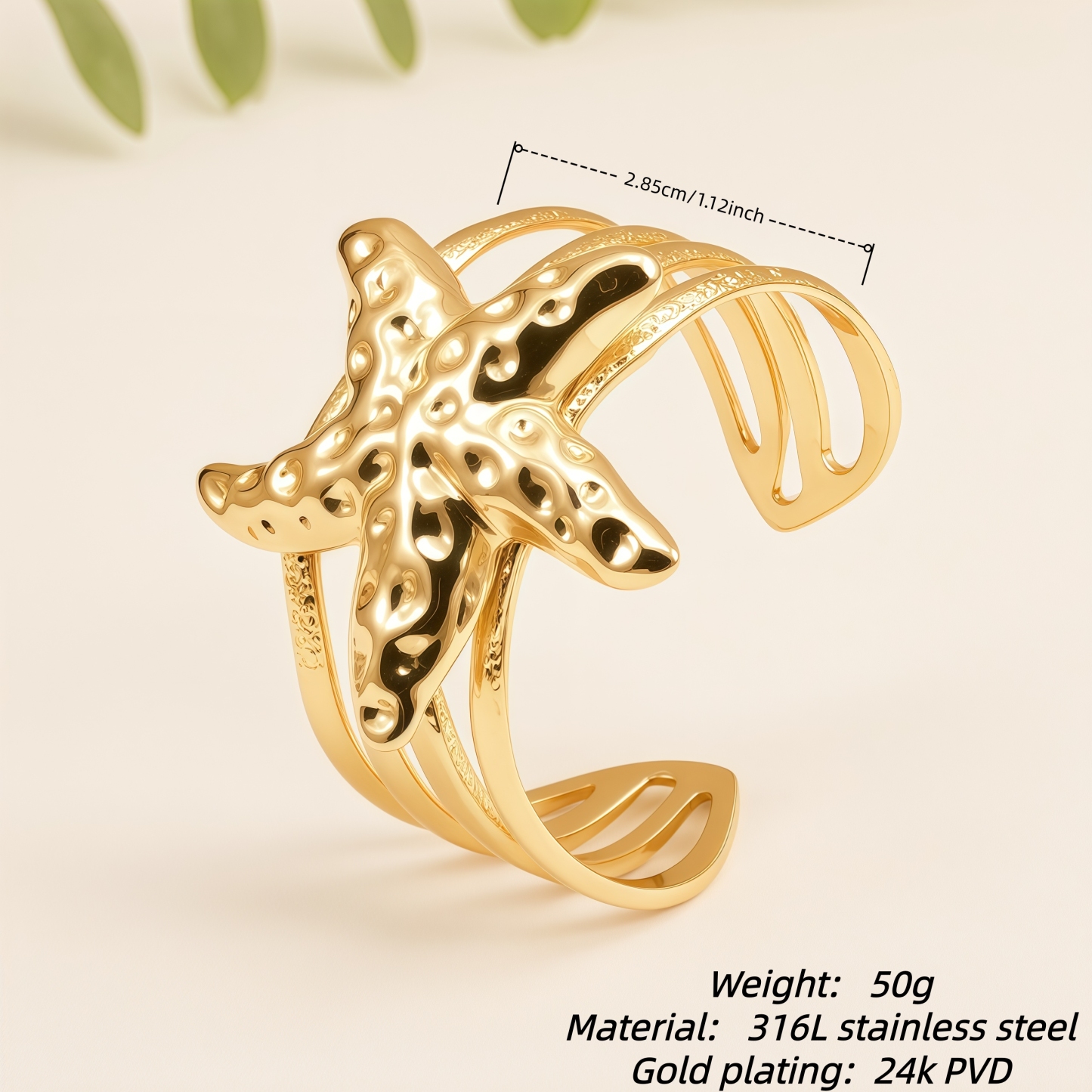 Starfish Open Cuff Stainless Steel Hypoallergenic Bracelet for Women