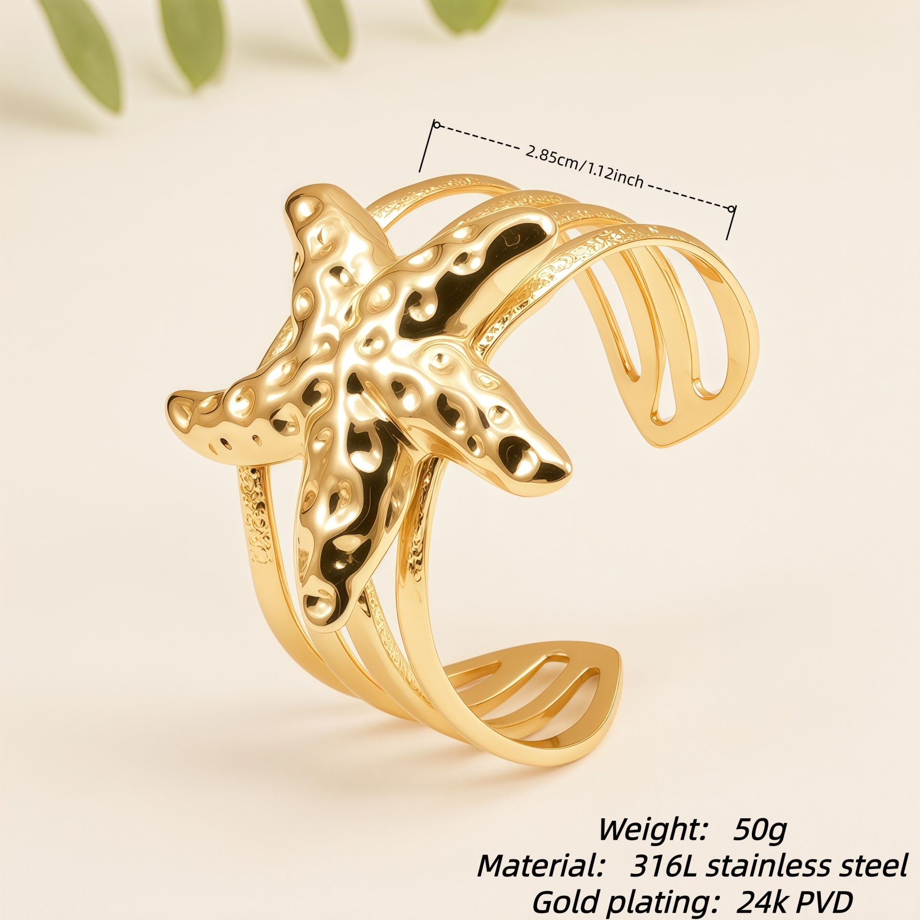 Starfish Open Cuff Stainless Steel Hypoallergenic Bracelet for Women