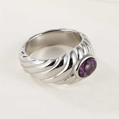 Simple Retro Inlaid Amethyst Stainless Steel Women's Waterproof Ring丨K00632-JinBaoJewerly