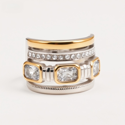 Women's Square Crystal CZ Accent Textured Multi-Layer Fashion Ring