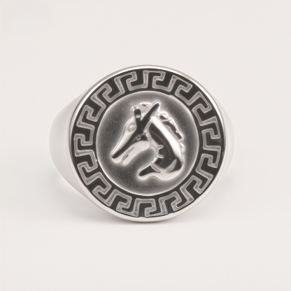 Vintage Horse Head Stainless Steel Greek Key Pattern Men's Ring | DZ1678