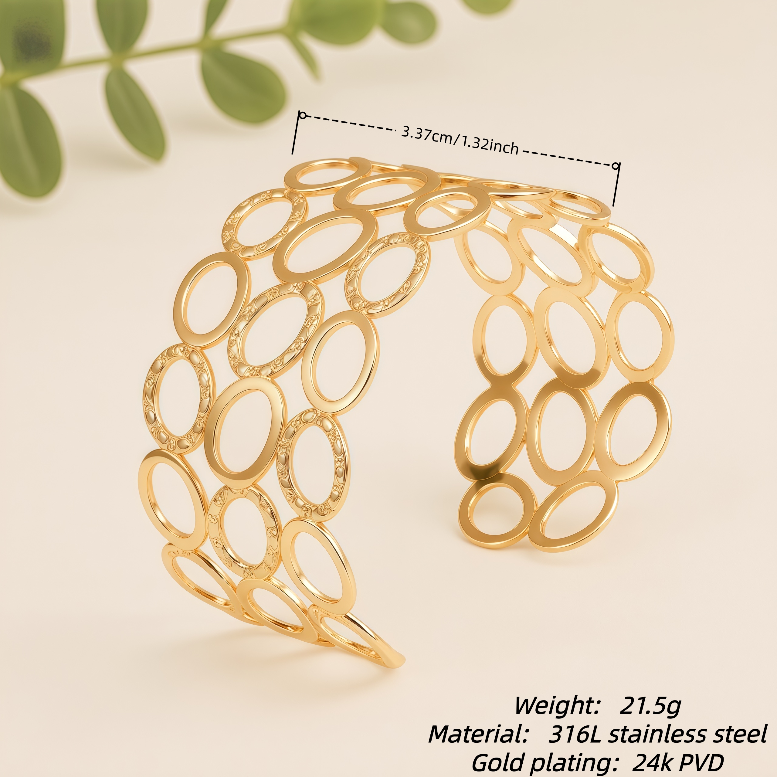 Vintage Engraved Oval Open Cuff Bracelet for Women