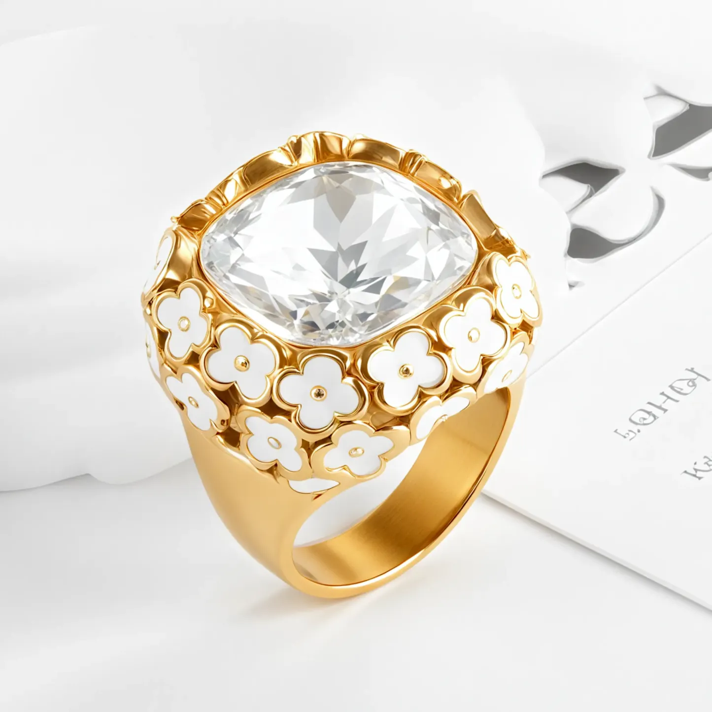 Vintage Inspired Flower Border Stainless Steel Gemstone Ring Women Ring | G004468-JinBaoJewerly