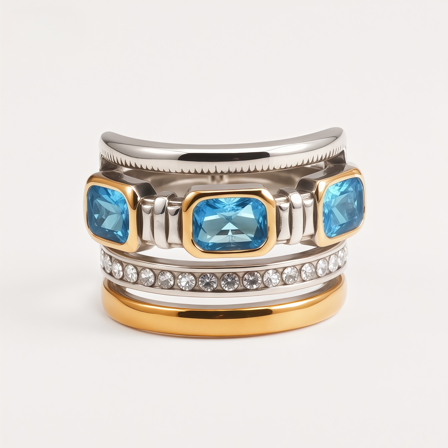 Women's Square Crystal CZ Accent Textured Multi-Layer Fashion Ring