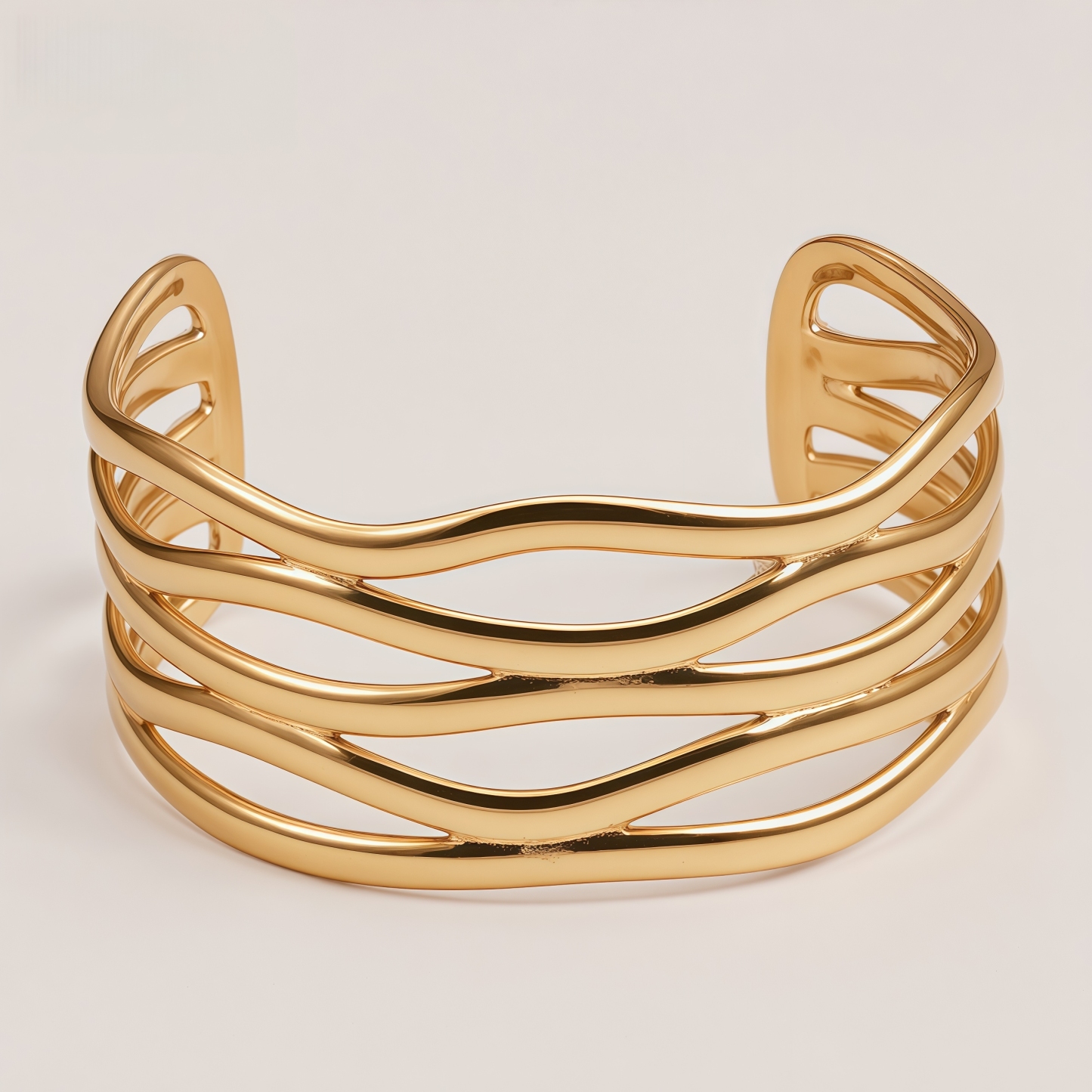 Stainless Steel Gold Plated Wave Hollow Out Wide Cuff Bangle for Women