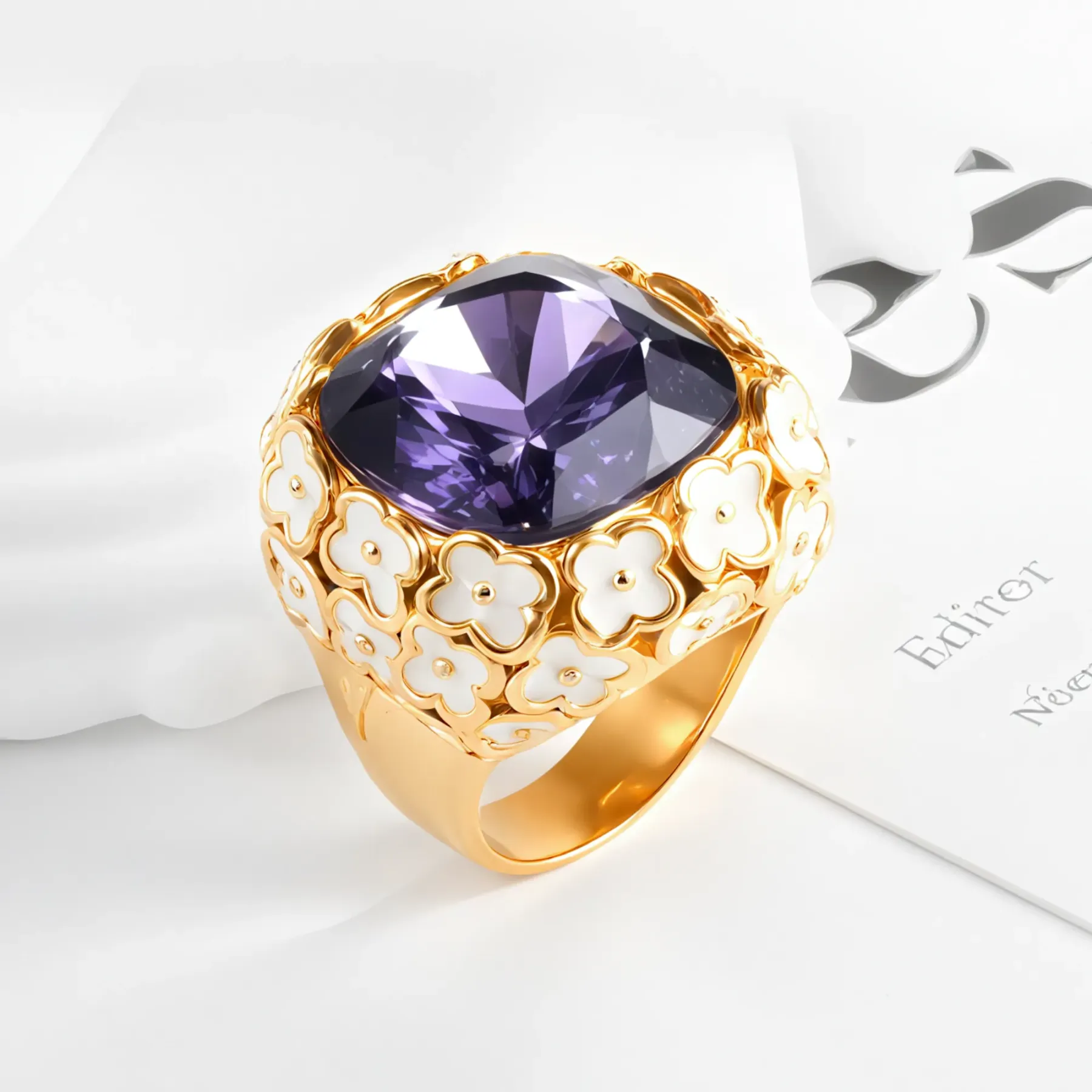 Vintage Inspired Flower Border Stainless Steel Gemstone Ring Women Ring | G004468-JinBaoJewerly