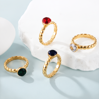 Daily Simple Round Gemstone Stainless Steel Women's Waterproof Ring丨PL956-JinBaoJewerly
