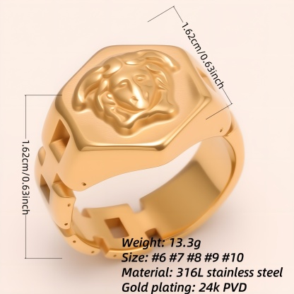 Trendy Men's Gold - colored Stainless Steel Ring with Embossed Medusa Motif | G00207JT-JinBaoJewerly