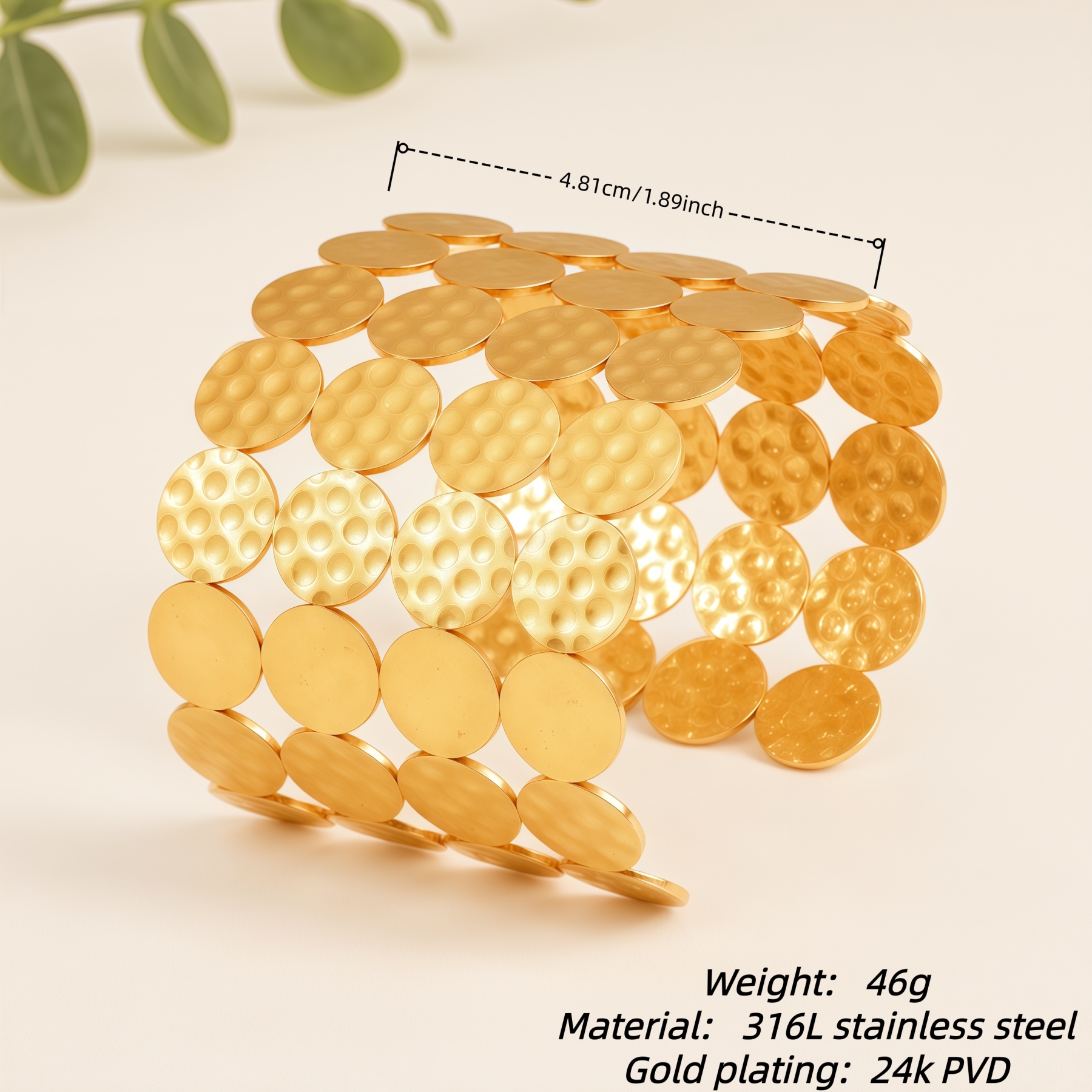 Vintage Textured Gold Disc Open Cuff Stainless Steel Women's Bracelet