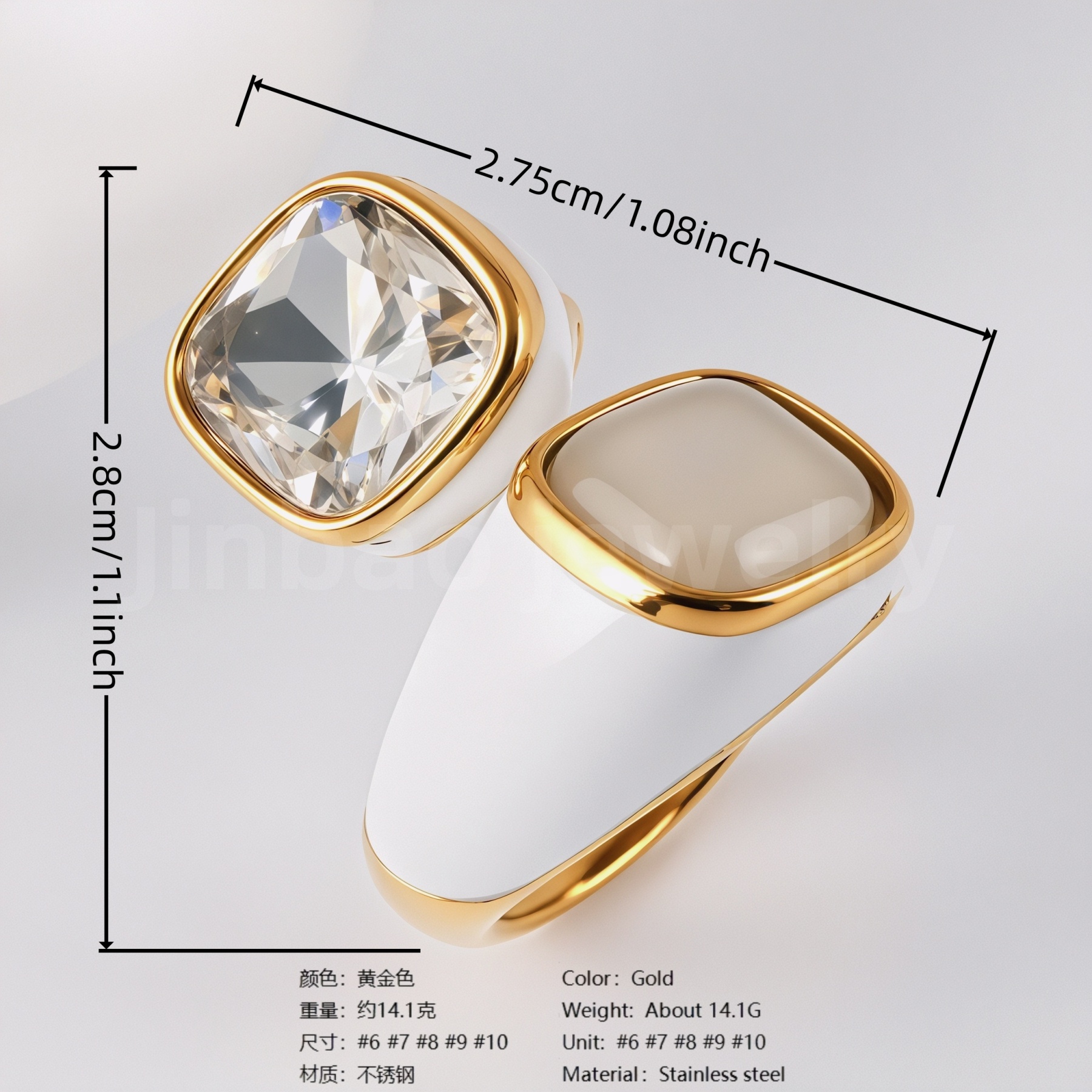 24K Gold-Plated Stainless Steel Square Gemstone Minimalist Luxury Women’s Ring-JinBaoJewerly