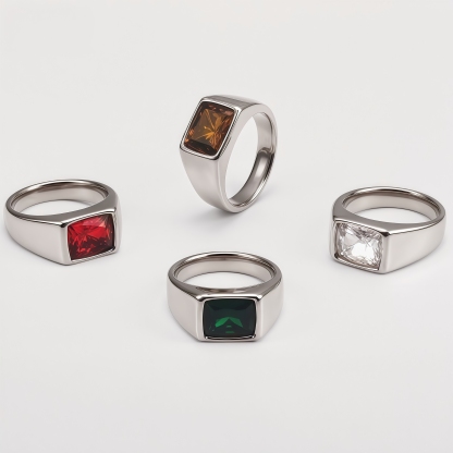 Men's Stainless Steel Colorful Emerald Cut Cubic Zirconia Ring | BL481G