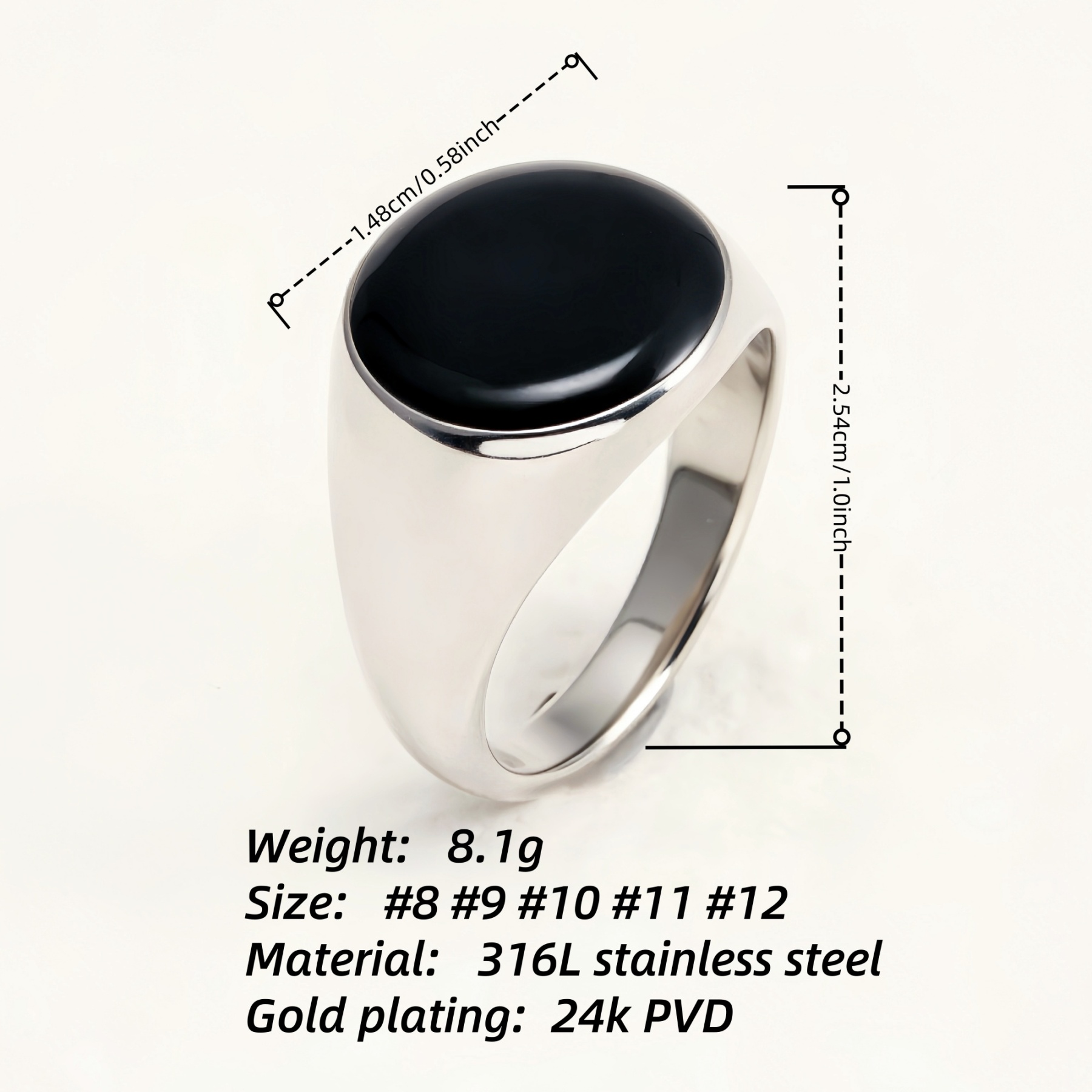Minimalist Oval Black Gem Silver Ring, Classic Unisex Band | DZ125-JinBaoJewerly