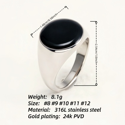 Minimalist Oval Black Gem Silver Ring, Classic Unisex Band | DZ125-JinBaoJewerly