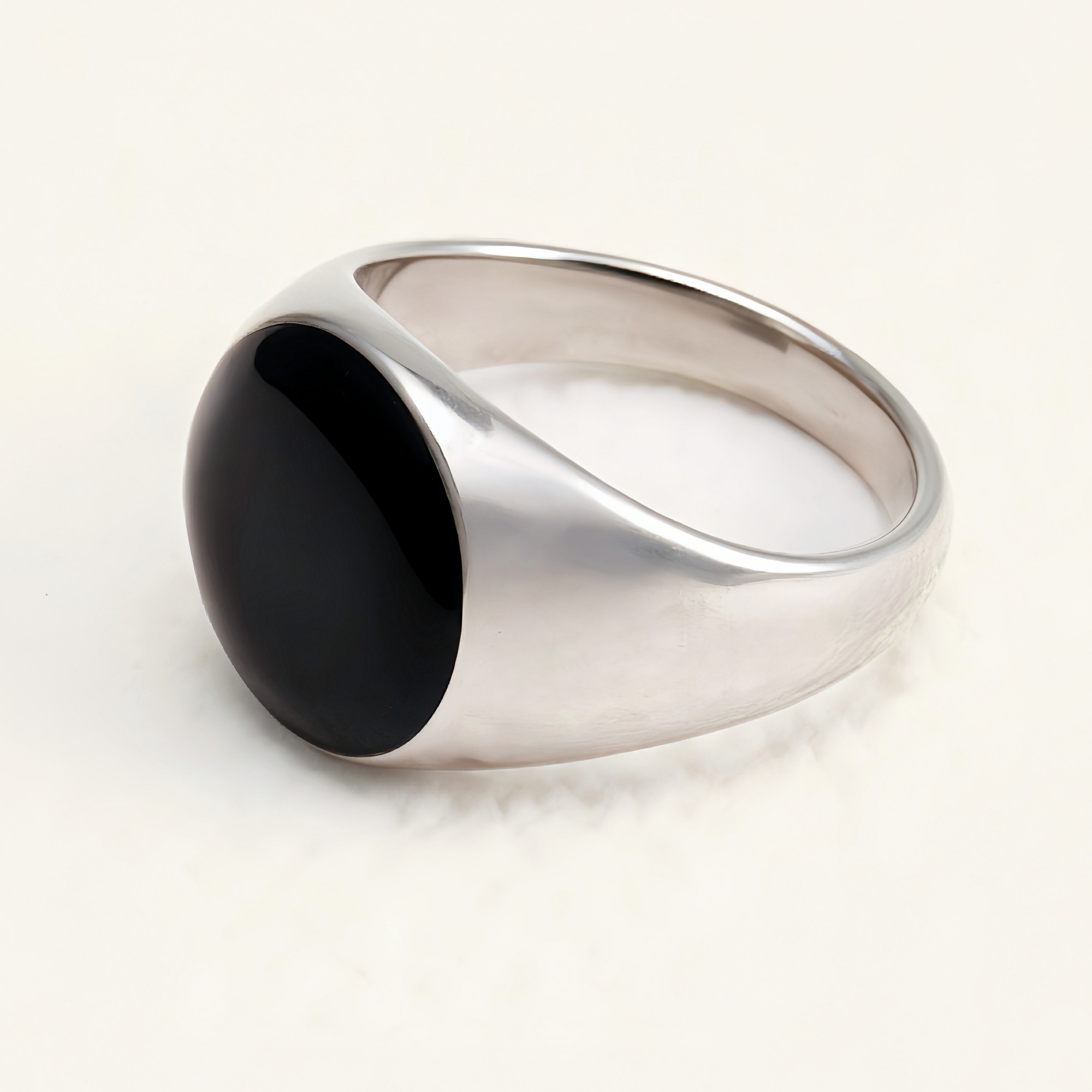 Minimalist Oval Black Gem Silver Ring, Classic Unisex Band | DZ125-JinBaoJewerly