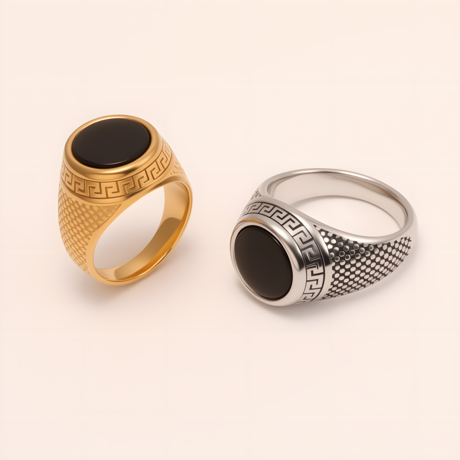 Stylish Men's Stainless Steel Ring with Black Gemstone Meander Pattern | B431