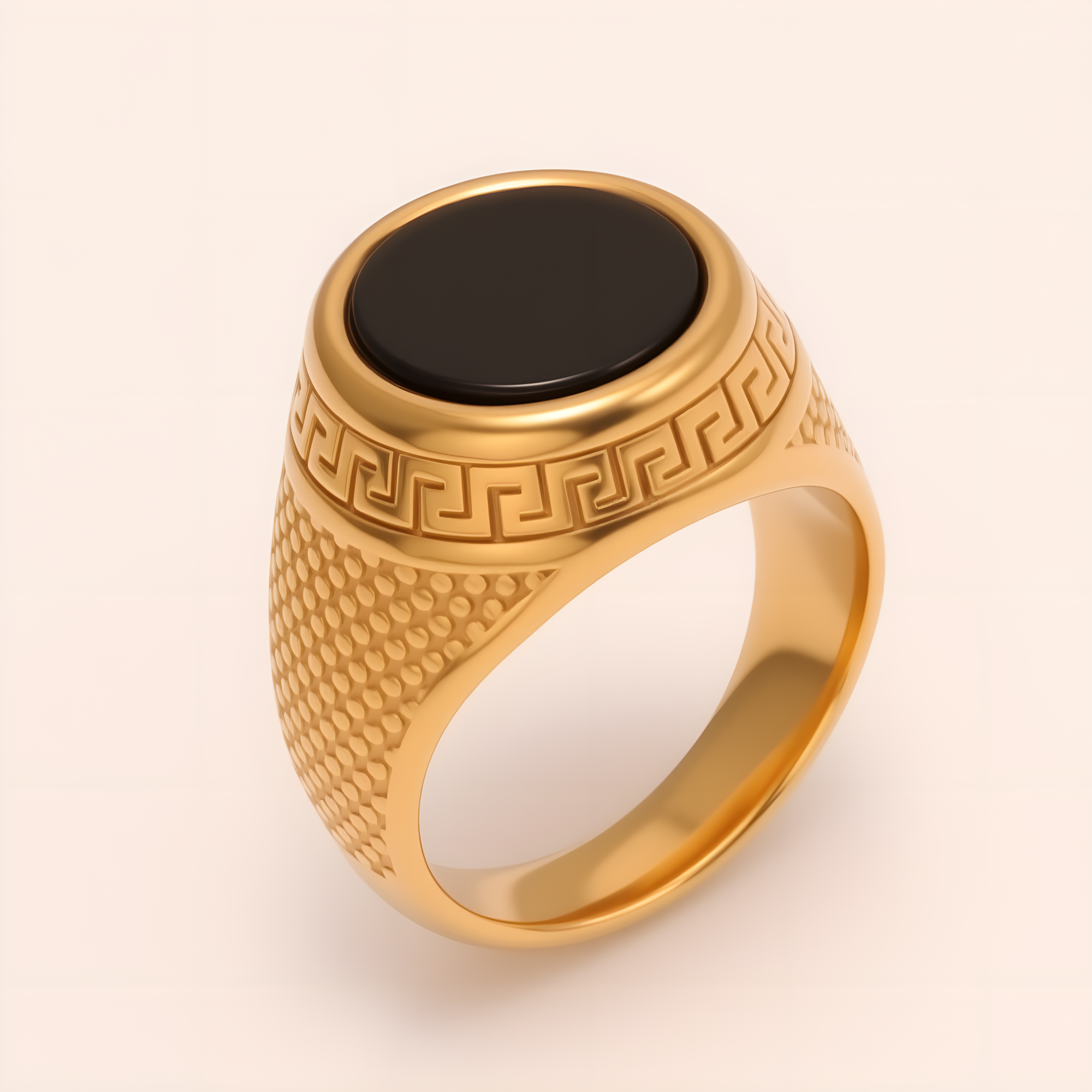 Stylish Men's Stainless Steel Ring with Black Gemstone Meander Pattern | B431-JinBaoJewerly
