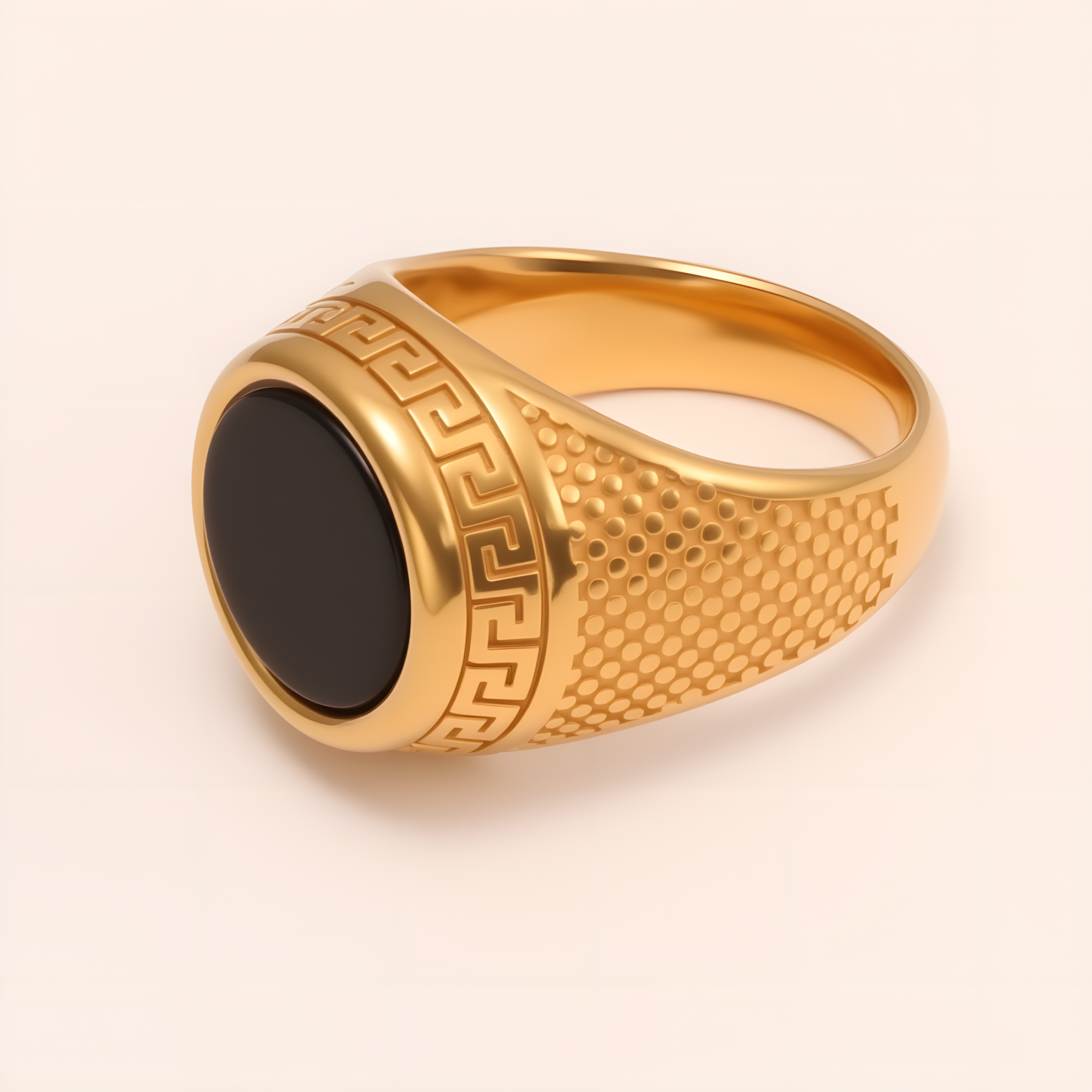 Stylish Men's Stainless Steel Ring with Black Gemstone Meander Pattern | B431-JinBaoJewerly