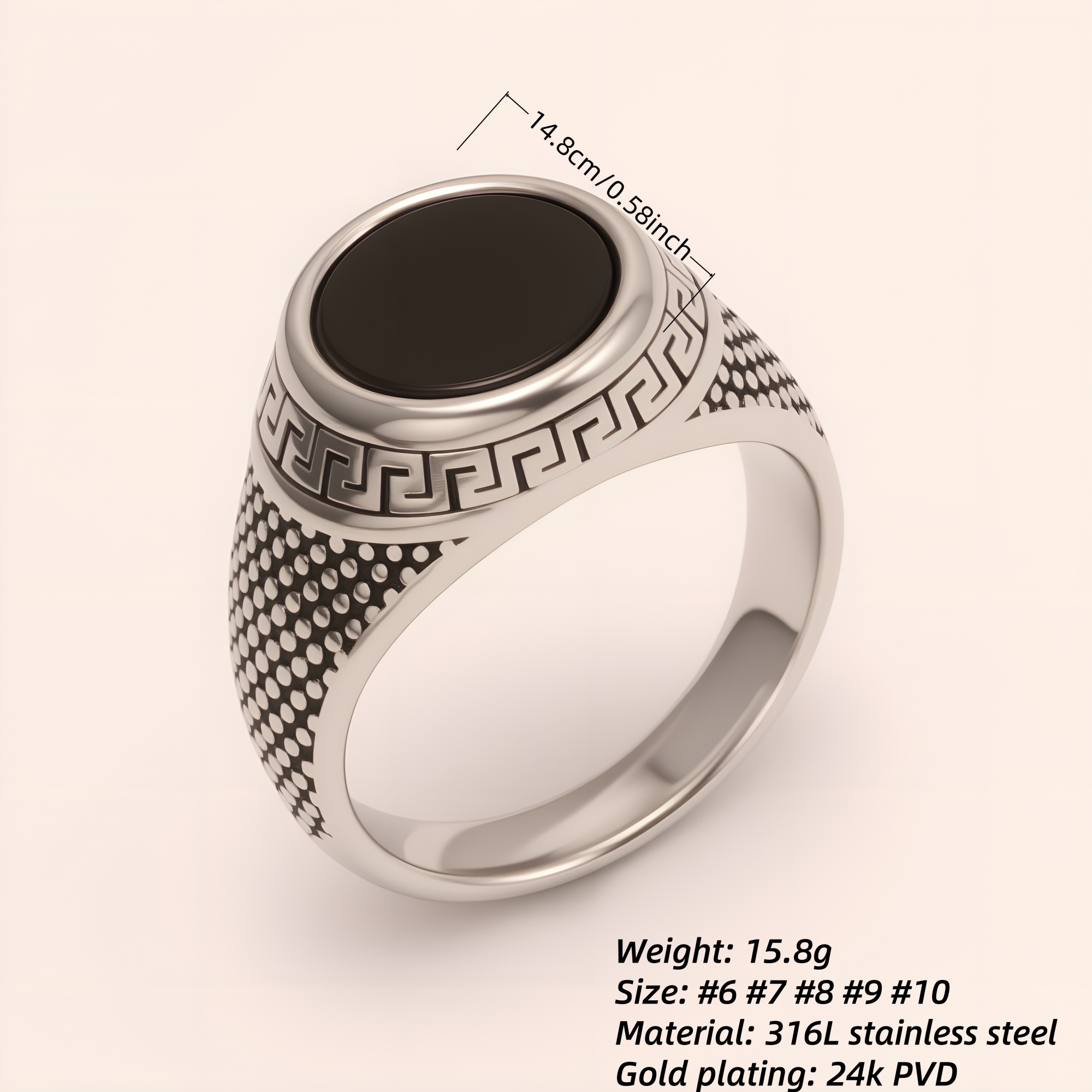 Stylish Men's Stainless Steel Ring with Black Gemstone Meander Pattern | B431-JinBaoJewerly
