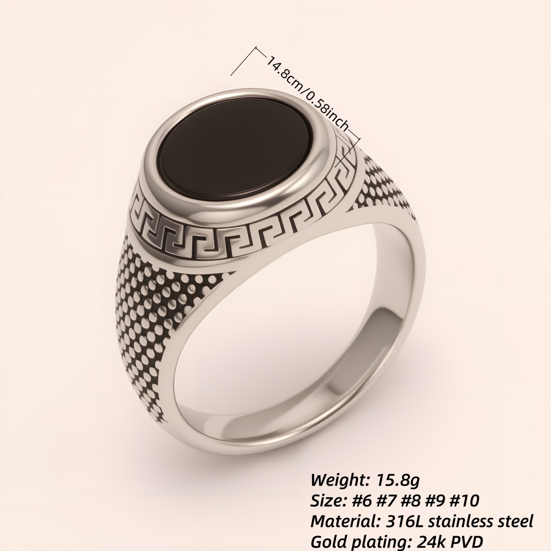 Stylish Men's Stainless Steel Ring with Black Gemstone Meander Pattern | B431-JinBaoJewerly