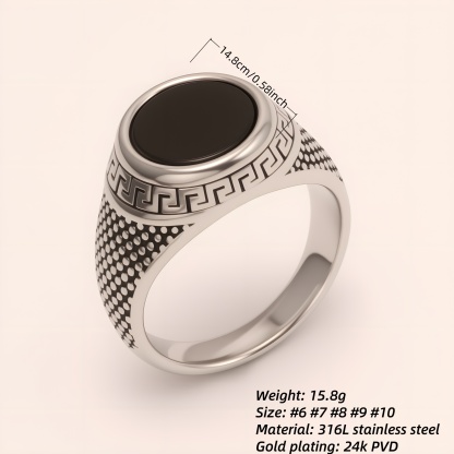 Stylish Men's Stainless Steel Ring with Black Gemstone Meander Pattern | B431-JinBaoJewerly