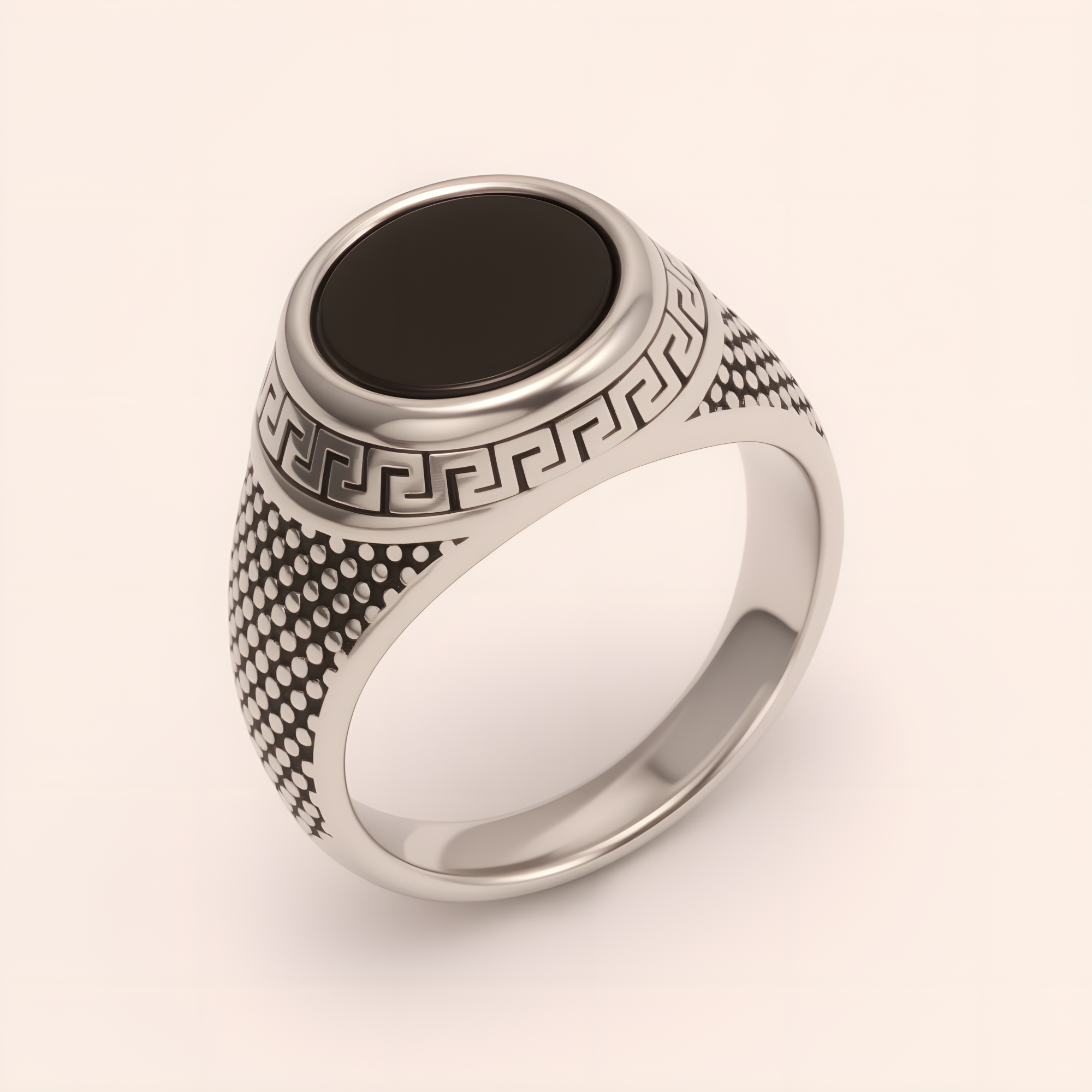 Stylish Men's Stainless Steel Ring with Black Gemstone Meander Pattern | B431-JinBaoJewerly