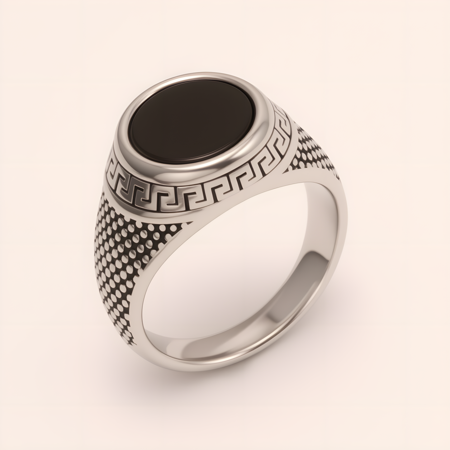 Stylish Men's Stainless Steel Ring with Black Gemstone Meander Pattern | B431-JinBaoJewerly