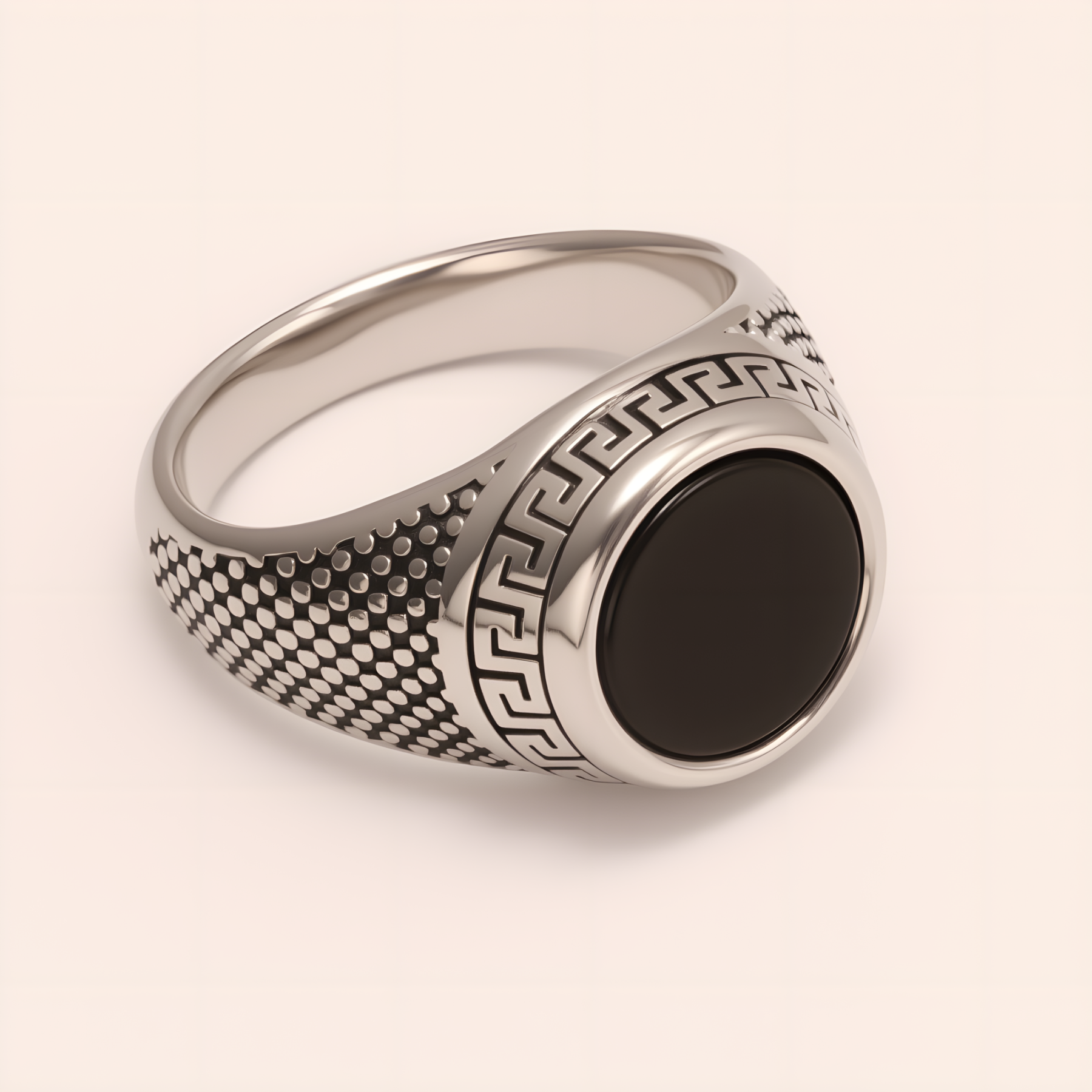 Stylish Men's Stainless Steel Ring with Black Gemstone Meander Pattern | B431-JinBaoJewerly
