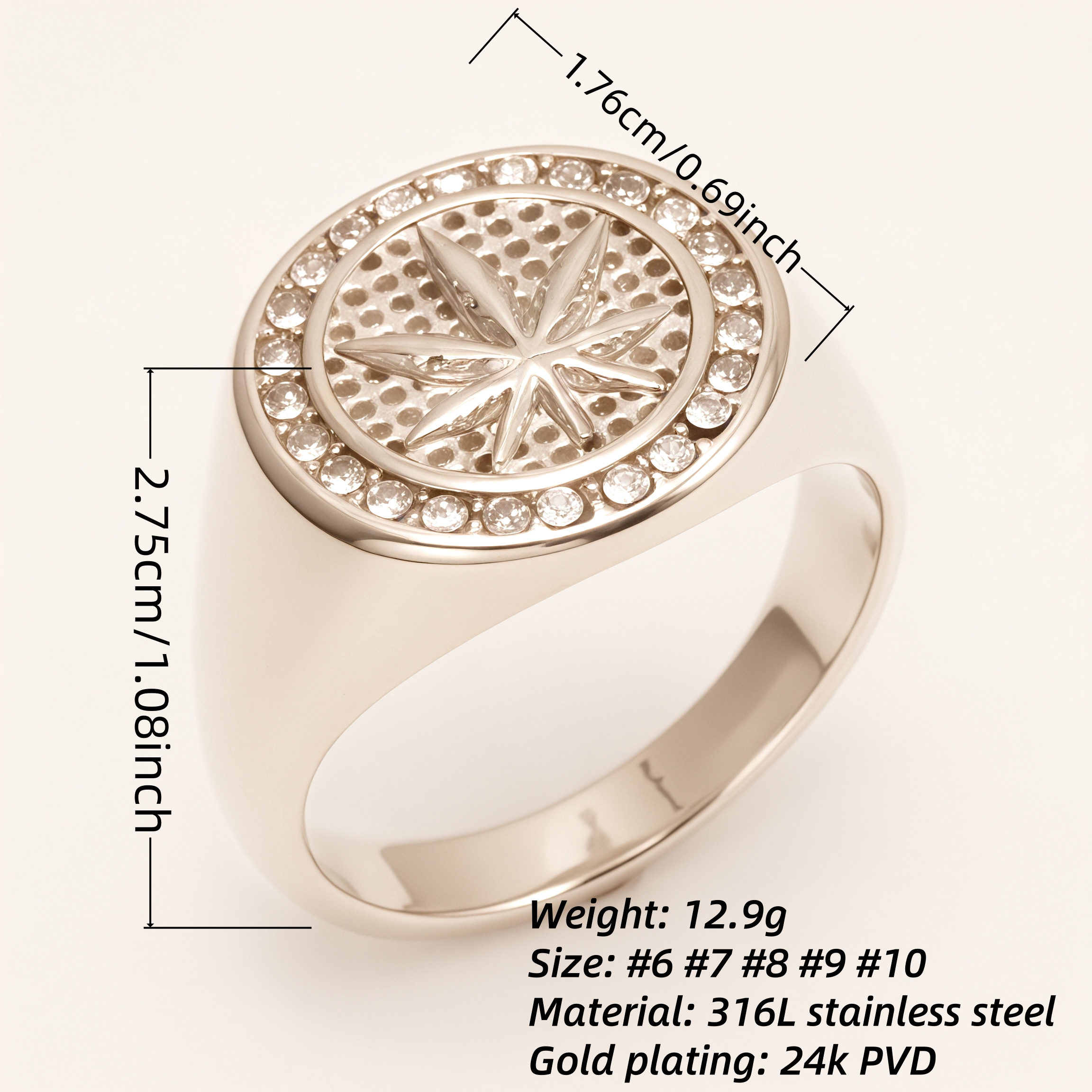 Men's Fashionable Stainless Steel Ring with Diamond - set Hemp Leaf Pattern | G00682G-JinBaoJewerly