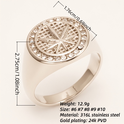 Men's Fashionable Stainless Steel Ring with Diamond - set Hemp Leaf Pattern | G00682G-JinBaoJewerly