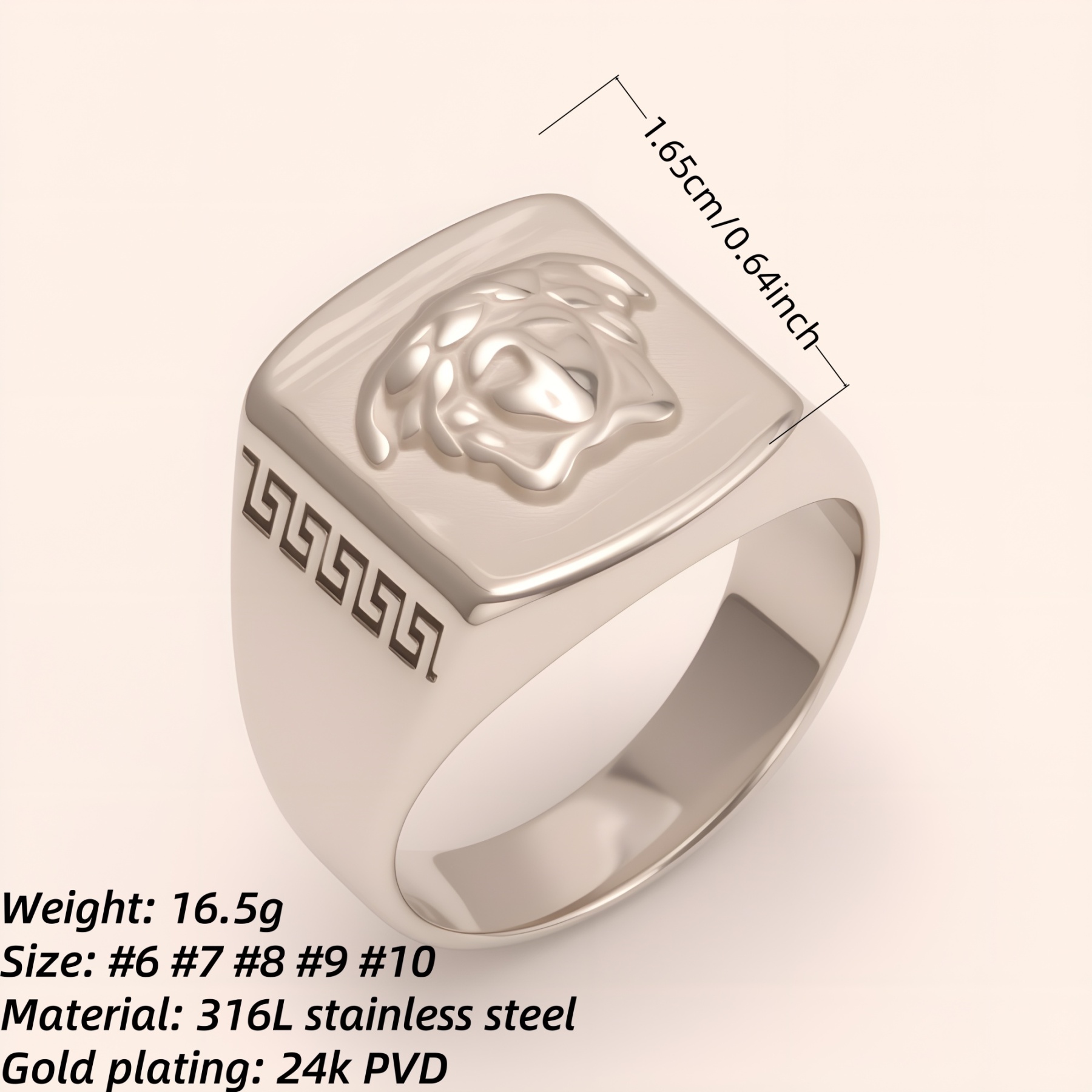 Trendy Men's Stainless Steel Ring with Embossed Medusa and Meander Pattern | G002659G-JinBaoJewerly