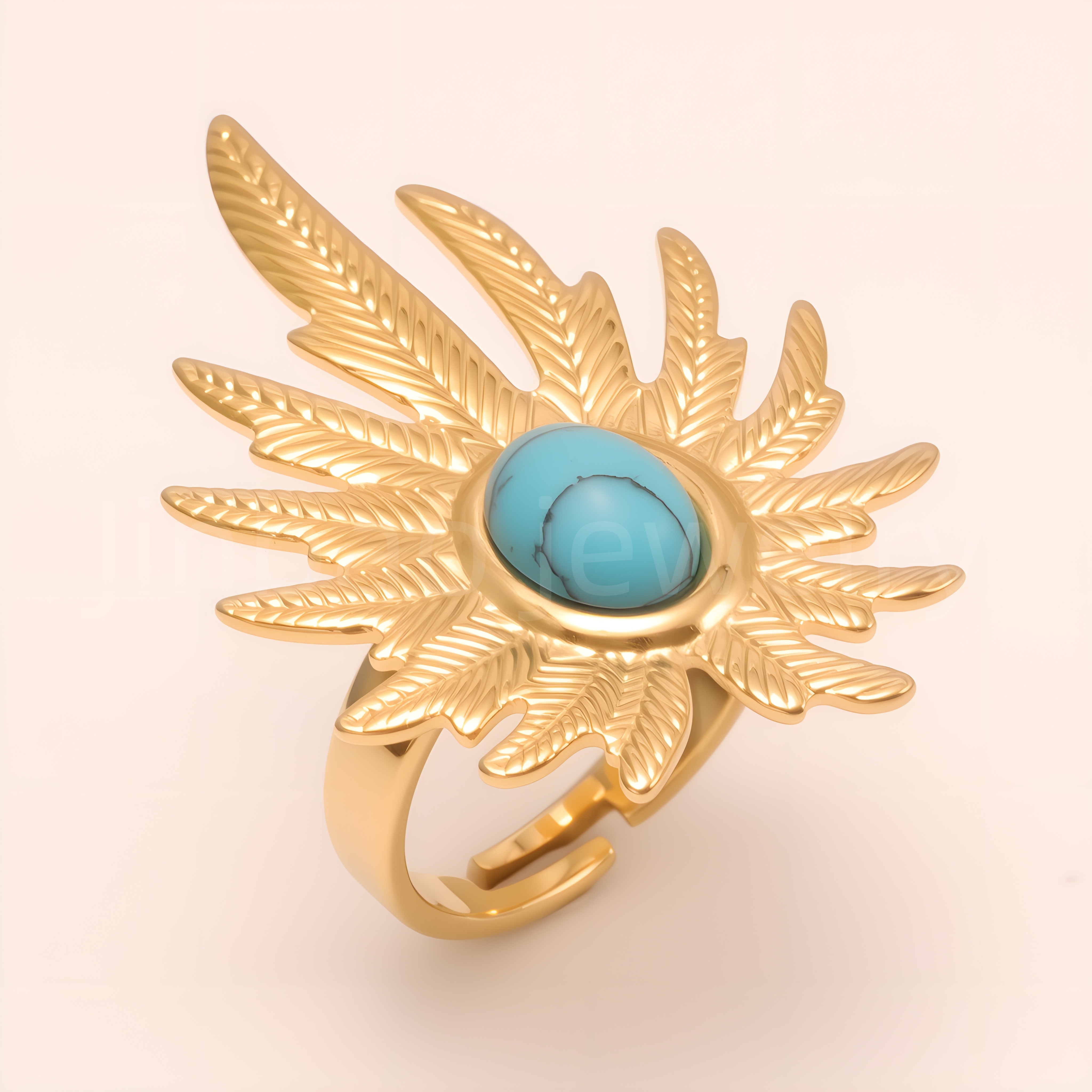 Gold Leaf Turquoise Open Ring, Women's Fashion Statement Jewelry | G005434-JinBaoJewerly