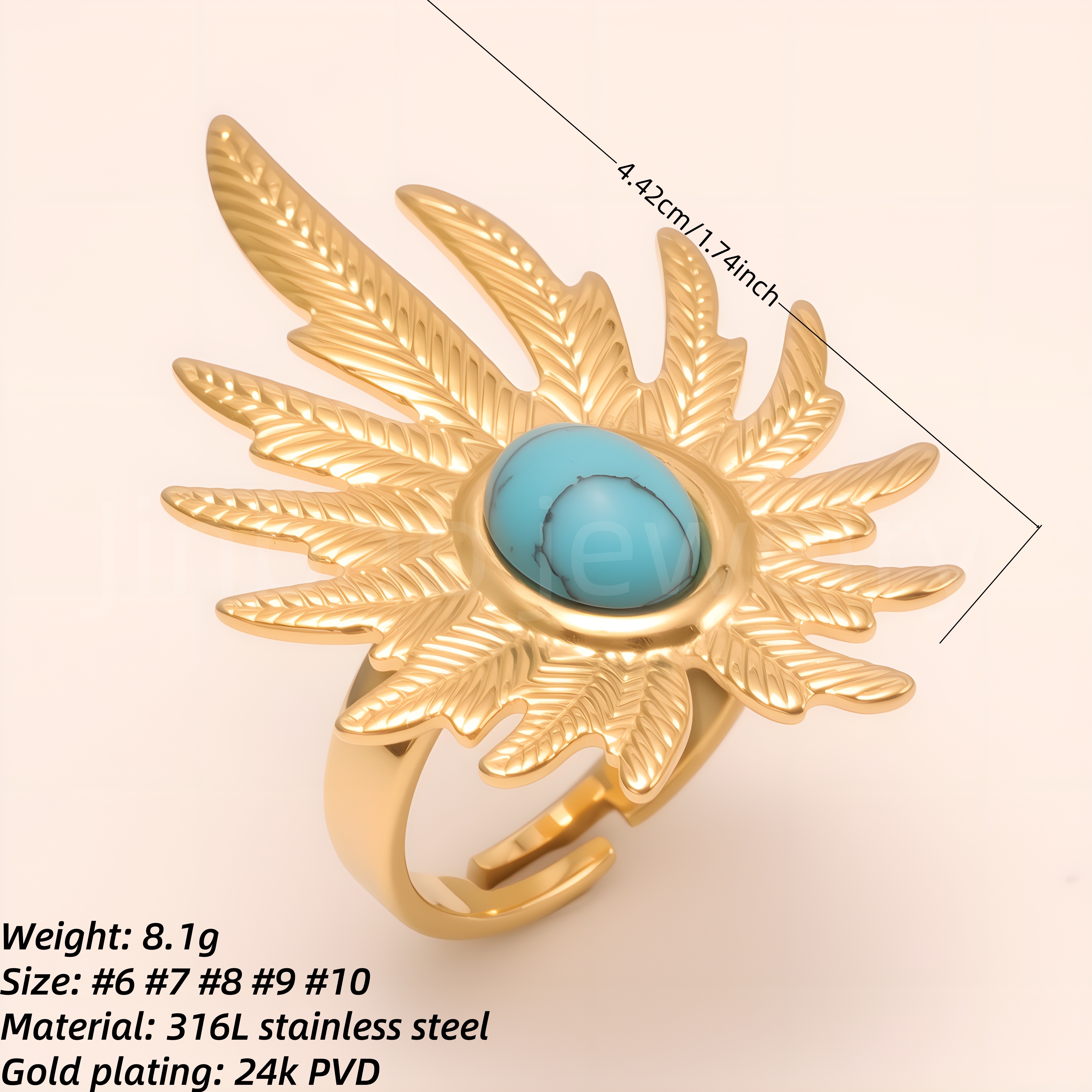 Gold Leaf Turquoise Open Ring, Women's Fashion Statement Jewelry | G005434-JinBaoJewerly