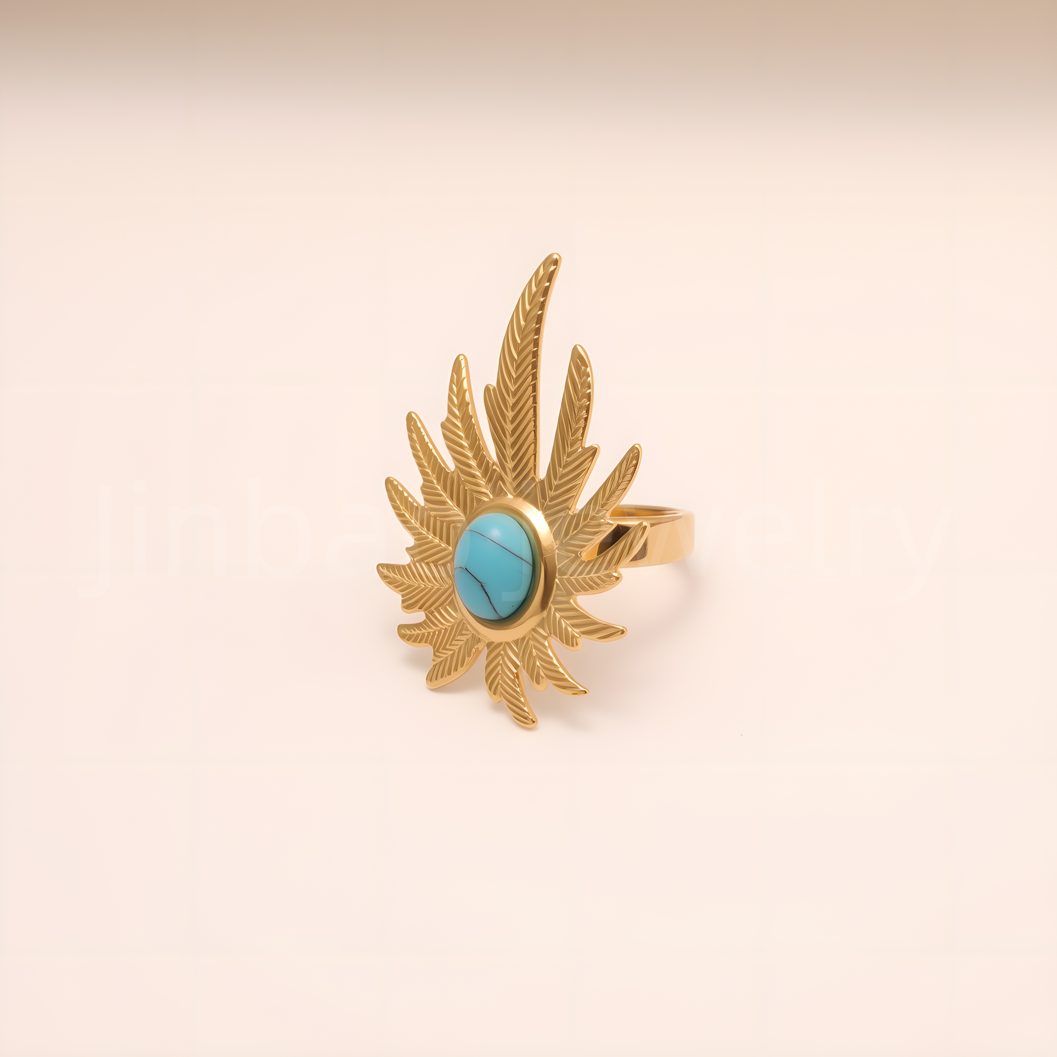 Gold Leaf Turquoise Open Ring, Women's Fashion Statement Jewelry | G005434-JinBaoJewerly