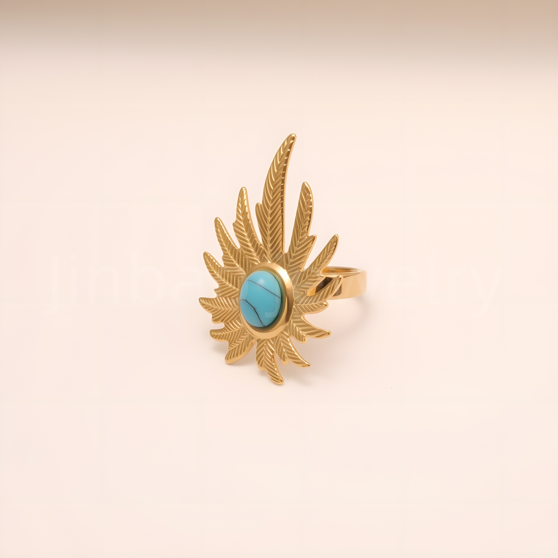Gold Leaf Turquoise Open Ring, Women's Fashion Statement Jewelry | G005434-JinBaoJewerly