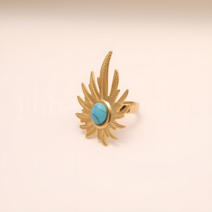 Gold Leaf Turquoise Open Ring, Women's Fashion Statement Jewelry | G005434-JinBaoJewerly
