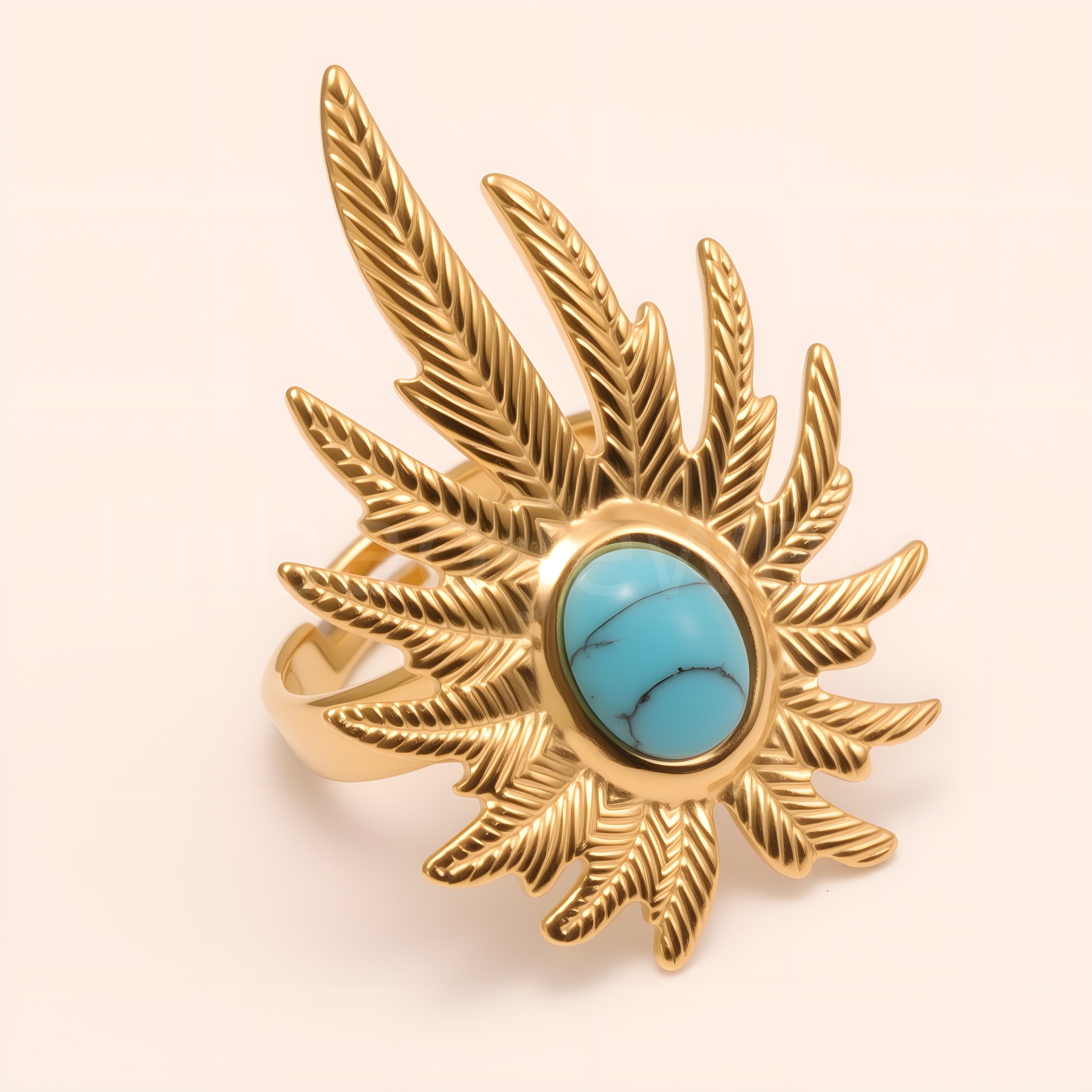 Gold Leaf Turquoise Open Ring, Women's Fashion Statement Jewelry | G005434-JinBaoJewerly