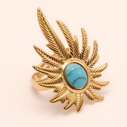 Gold Leaf Turquoise Open Ring, Women's Fashion Statement Jewelry | G005434-JinBaoJewerly