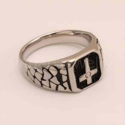 Vintage Cross - Pattern Stainless Steel Ring, Men's Edgy Statement Band | DZ100WQI-JinBaoJewerly