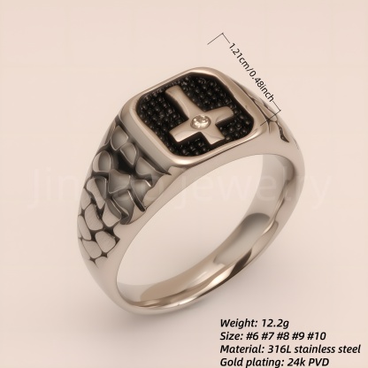 Vintage Cross - Pattern Stainless Steel Ring, Men's Edgy Statement Band | DZ100WQI-JinBaoJewerly