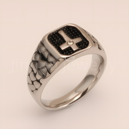 Vintage Cross - Pattern Stainless Steel Ring, Men's Edgy Statement Band | DZ100WQI-JinBaoJewerly