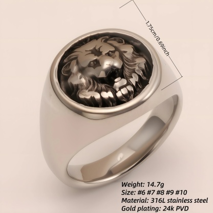 Men's Vintage Lion Head Stainless Steel Ring, Bold Statement Band | DZ1484GM-JinBaoJewerly