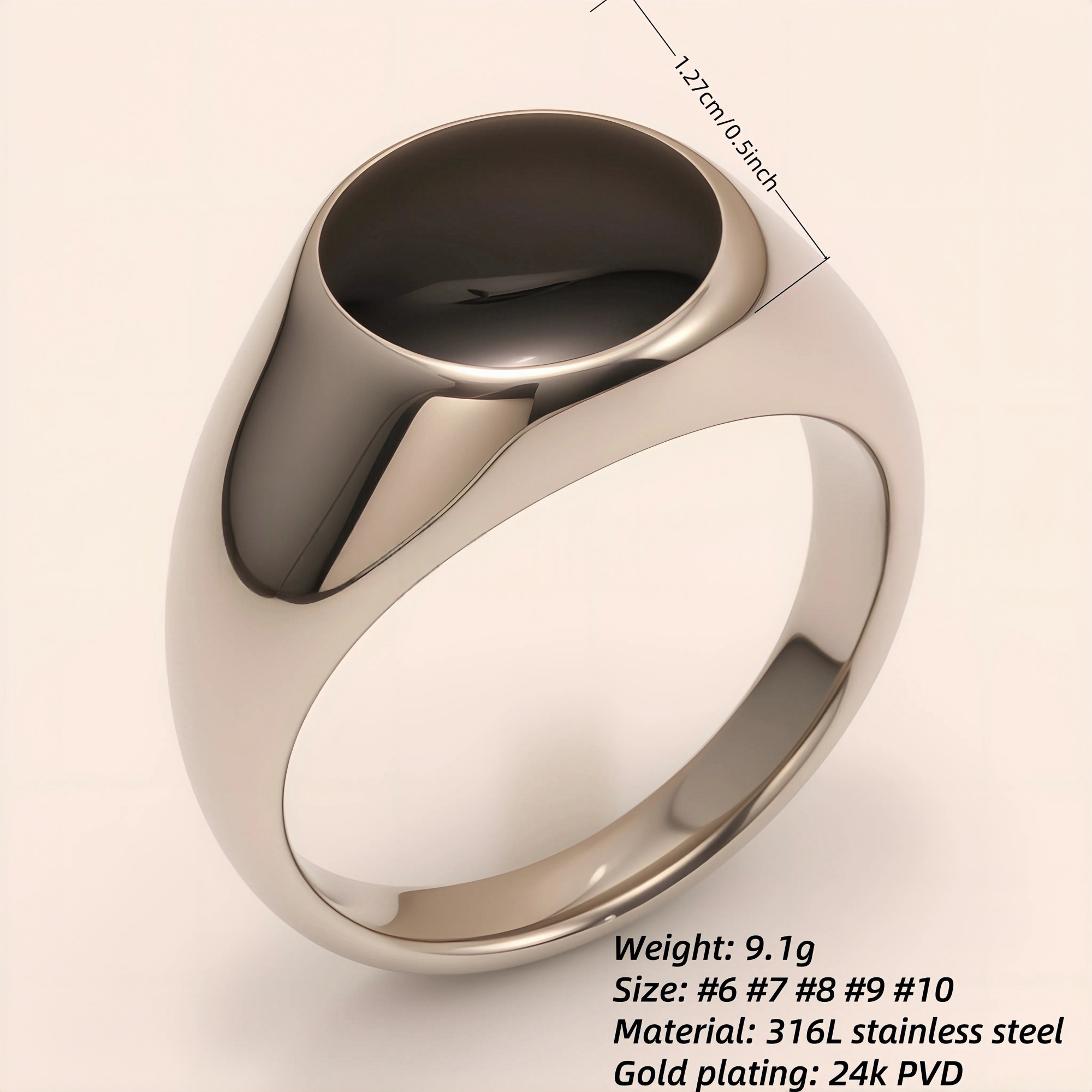 Minimalist Polished Oval Stainless Steel Ring, Unisex Plain Band | BL1807GD-JinBaoJewerly
