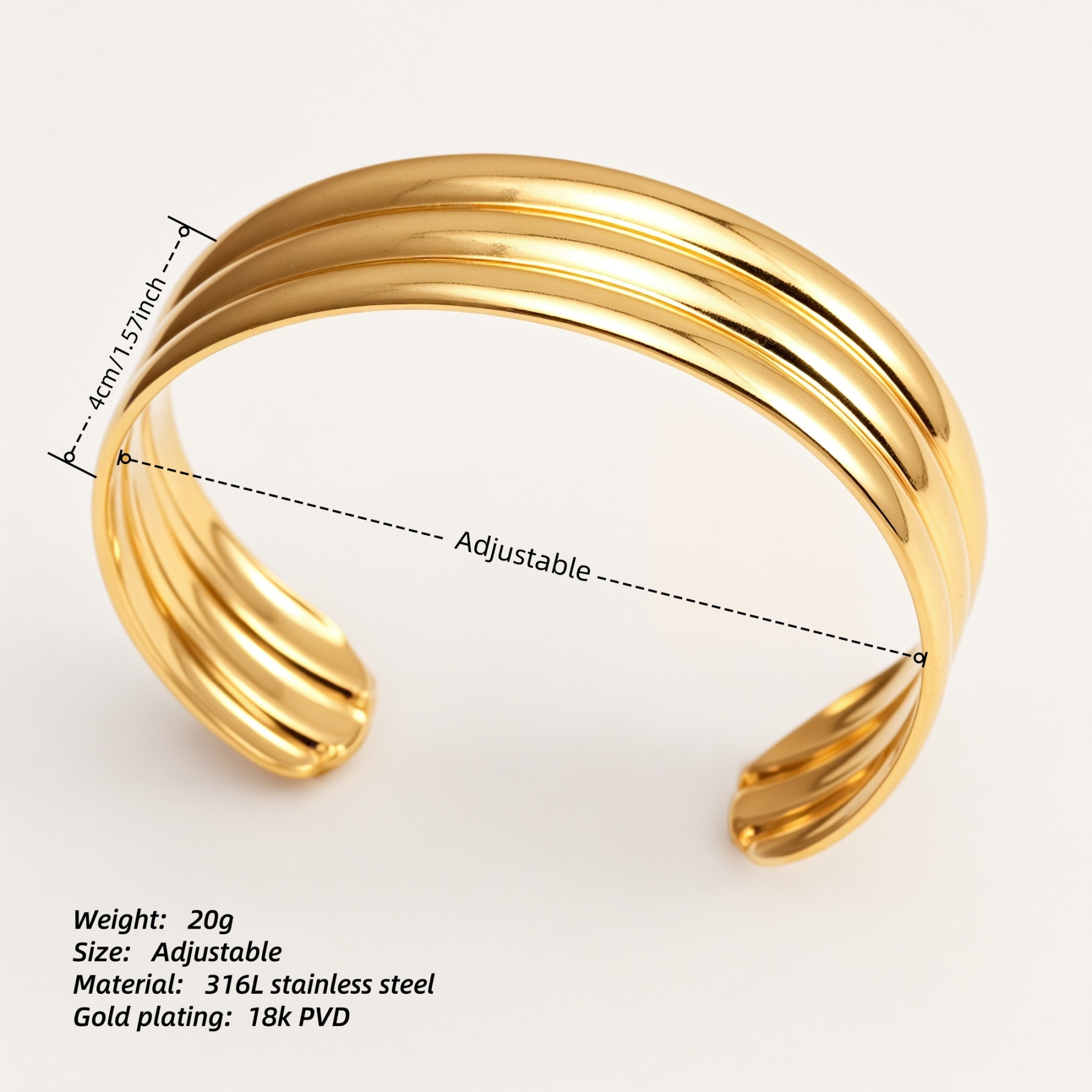 316L Stainless Steel 18K Gold Plated Waterproof Cuff Adjustable Bracelet-JinBaoJewerly