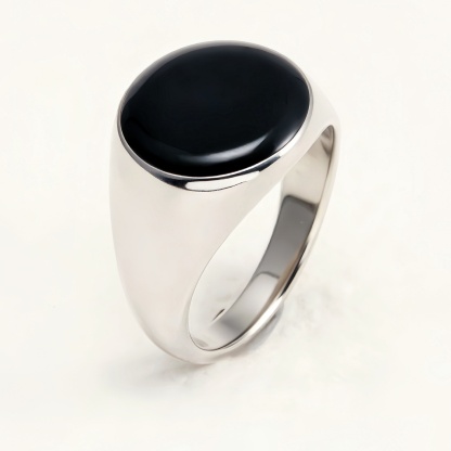 Minimalist Oval Black Gem Silver Ring, Classic Unisex Band | DZ125-JinBaoJewerly